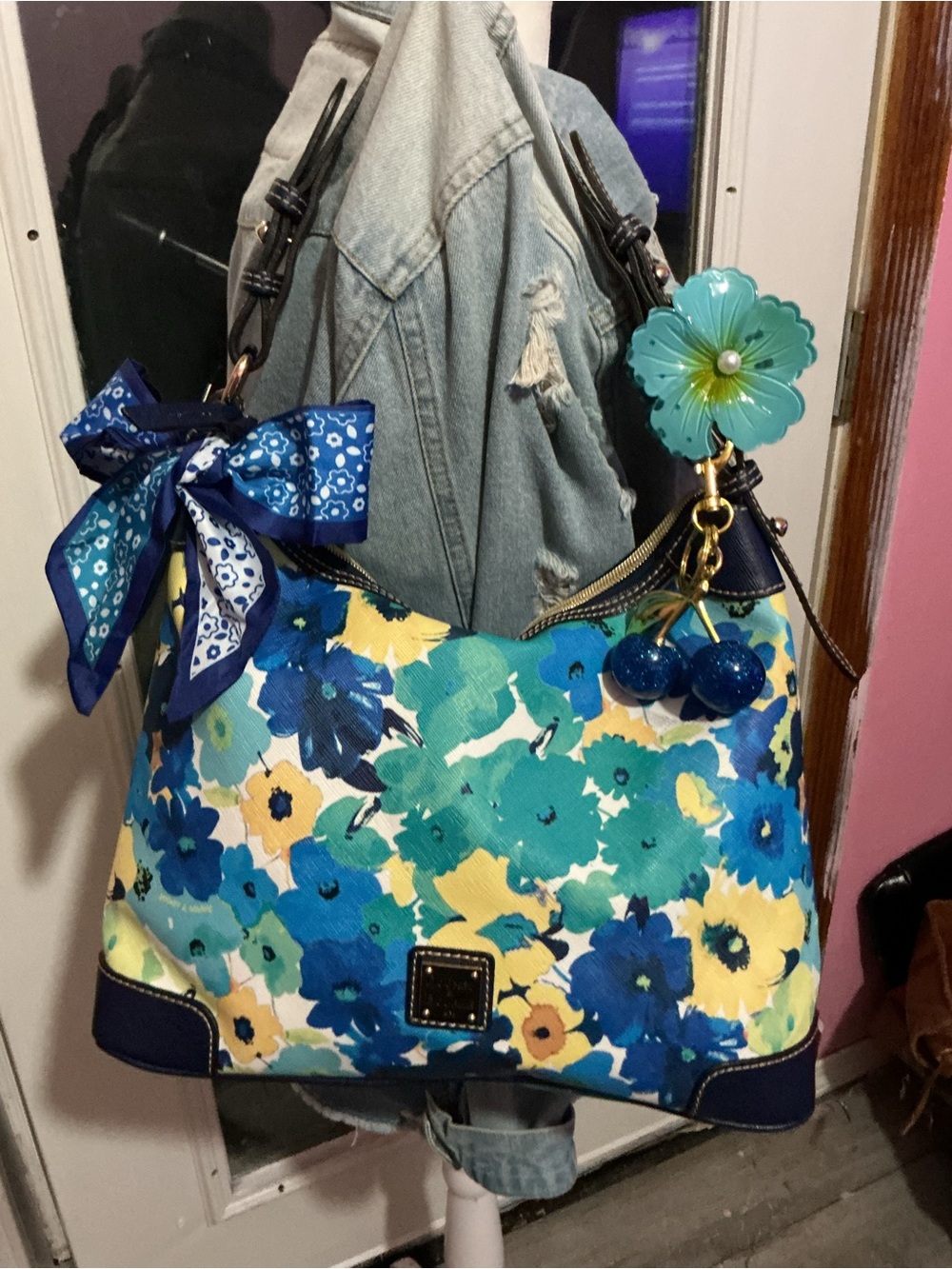 Dooney & Bourke Blue Teal Floral Shoulder Bag with Bow Accent